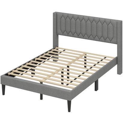 Queen Size Dutch Velvet/Linen Fabric Upholstered Platform Bed with Wingback Headboard and Wooden Slat Support