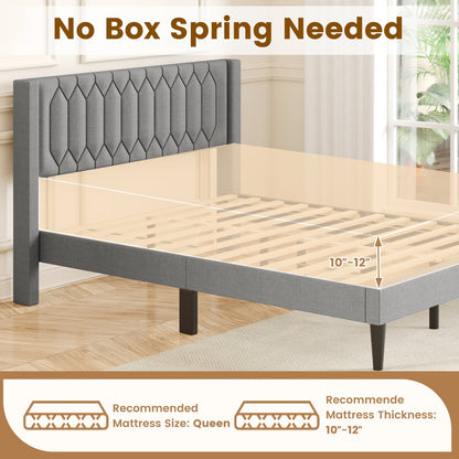Queen Size Dutch Velvet/Linen Fabric Upholstered Platform Bed with Wingback Headboard and Wooden Slat Support