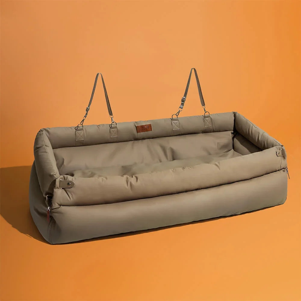 Luxury Faux Leather Pet Travel Bed with Safety Belt Cat Booster Seat Convertible Car Booster Bed for Small Medium Dog Cat Outing