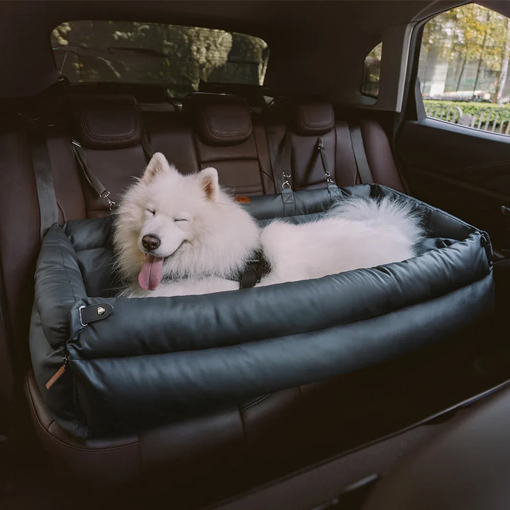 Luxury Faux Leather Pet Travel Bed with Safety Belt Cat Booster Seat Convertible Car Booster Bed for Small Medium Dog Cat Outing