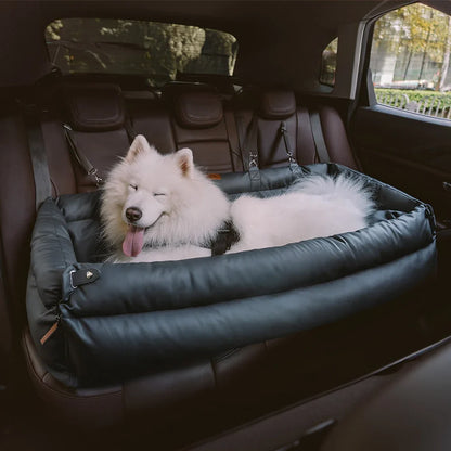 Luxury Faux Leather Pet Travel Bed with Safety Belt Cat Booster Seat Convertible Car Booster Bed for Small Medium Dog Cat Outing