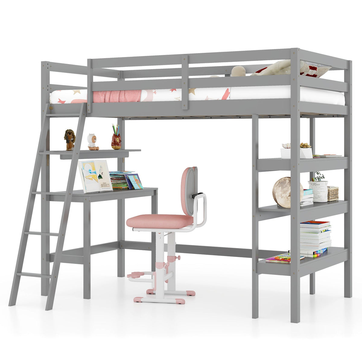 Twin Size Loft Bed with Desk and Bookshelves for Kids and Teens