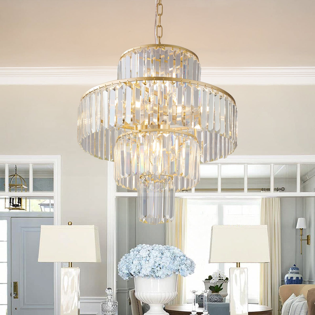 (Same as W1340126461/L5023) 20' Luxury 4-Tier Crystal Chandelier, 12-Light Gold Frame Pendant Light, Elegant Ceiling Lighting for Living Room, Dining Room, Bedroom (No Bulbs)