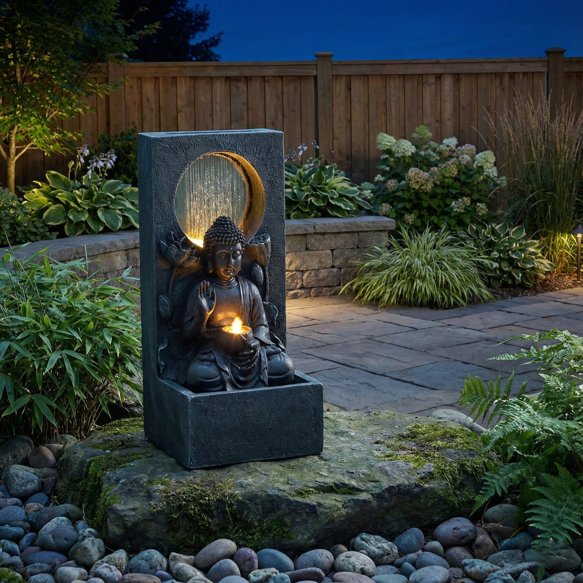 28" H Outdoor Buddha Waterfall Fountain with Serene Water Flow - Resin