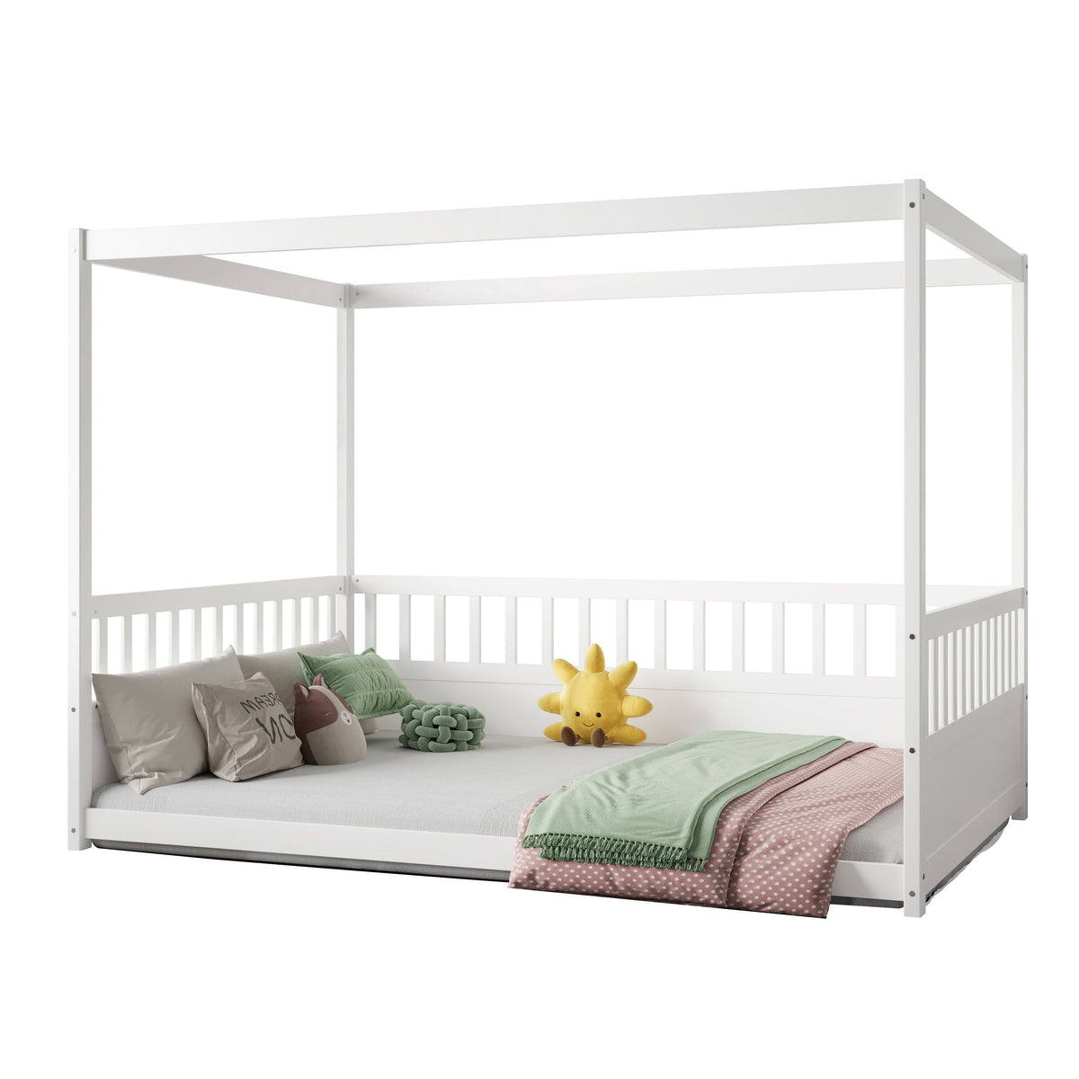 Full Size Canopy Bed Frame with Guardrails for Kids