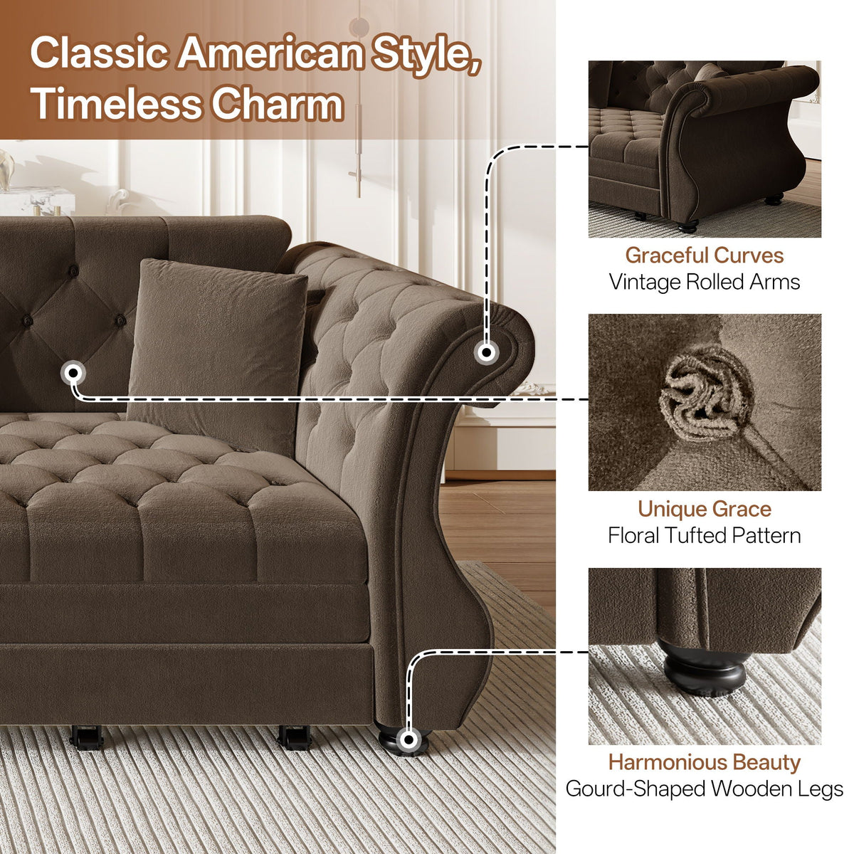 Oversized Chesterfield Pull Out Sofa Bed, Roll Arm Couch