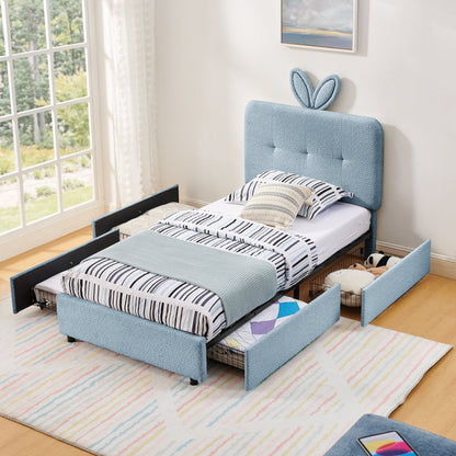 Twin Size Kids Upholstered Bed with Rabbit Ear Headboard & Storage - White Boucle