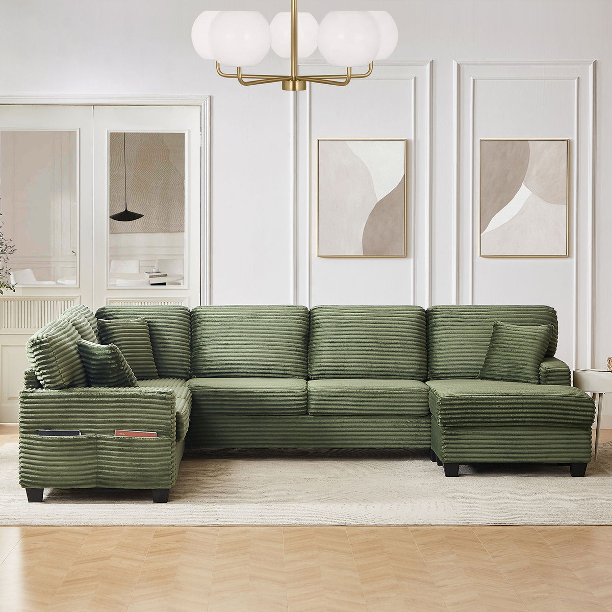 Upholstered U-Shaped Sectional Sofa with Movable Ottoman and Storage Pockets - Multiple Colors