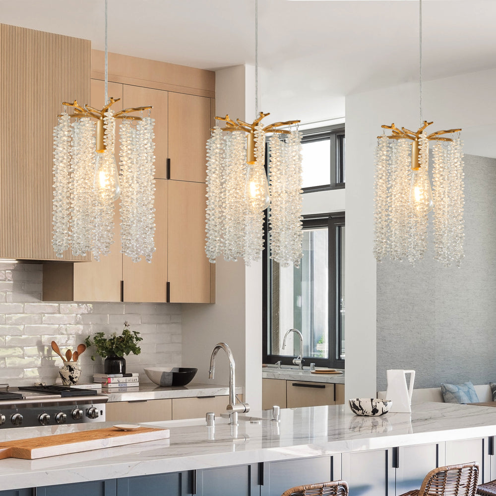 Crystal Pendant Lights Set of 3 | Luxury Waterfall Bead Design, Gold Finish Chandelier for Kitchen Island