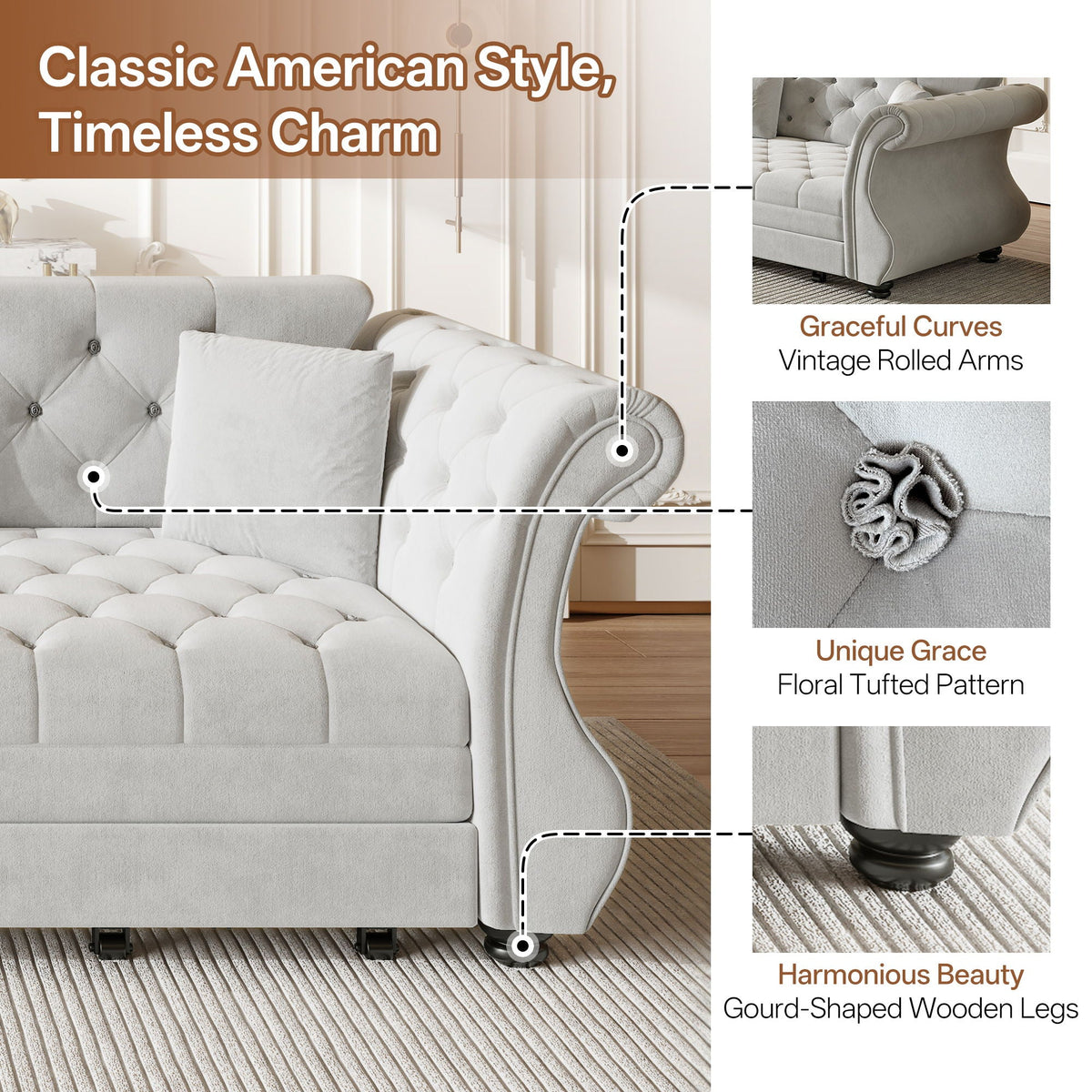 Oversized Chesterfield Pull Out Sofa Bed, Roll Arm Couch