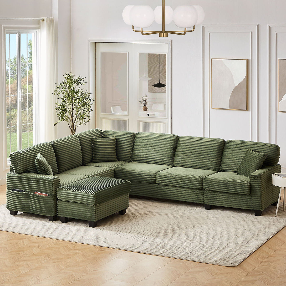 Upholstered U-Shaped Sectional Sofa with Movable Ottoman and Storage Pockets - Multiple Colors