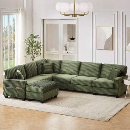 Upholstered U-Shaped Sectional Sofa with Movable Ottoman and Storage Pockets - Multiple Colors