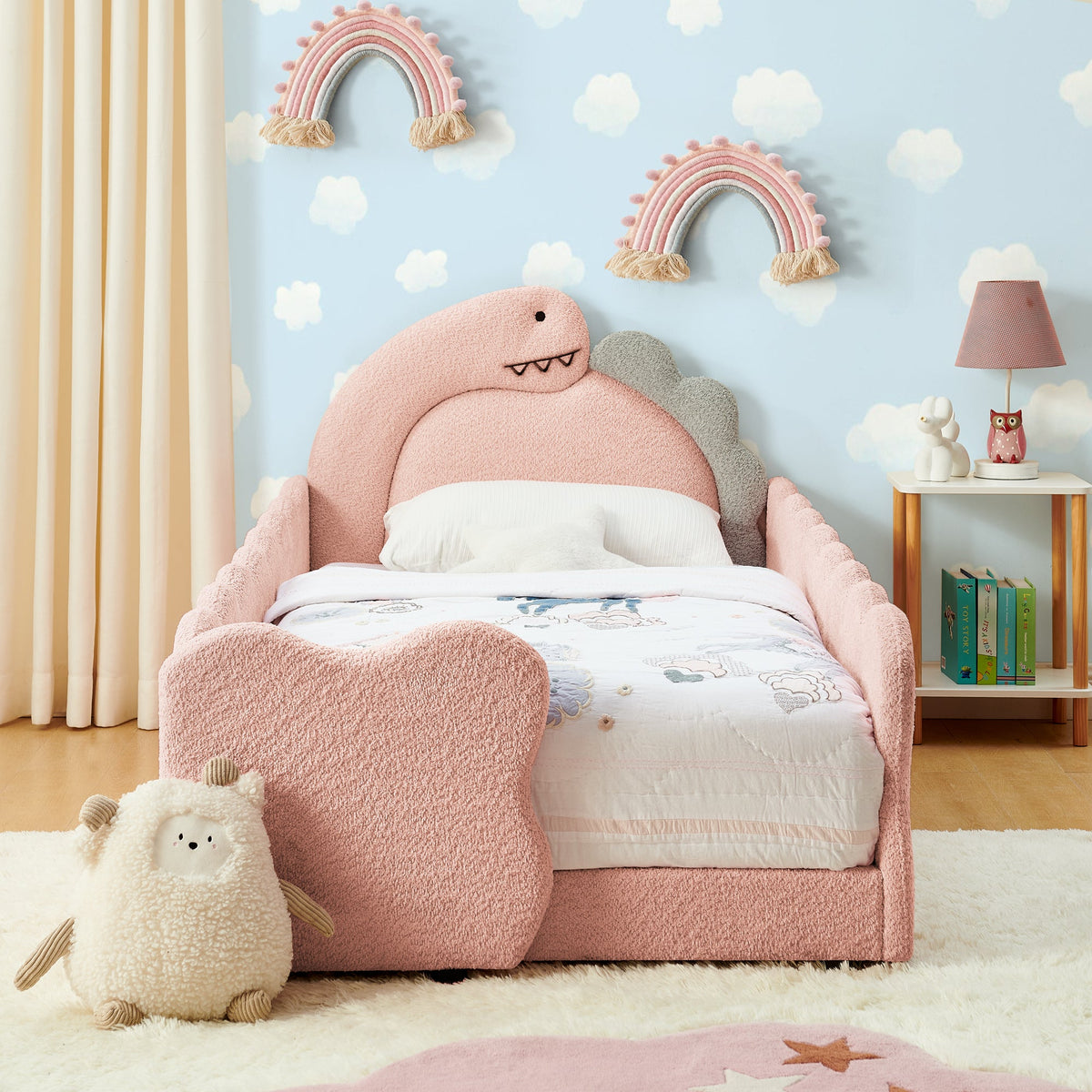 Twin Size Cute Dinosaur-Shaped Kids Bed with Safety Guardrail