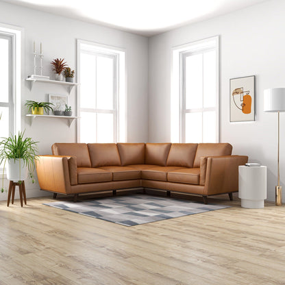 Tan Leather Corner Sectional Sofa with Eucalyptus Wood Frame - Tan