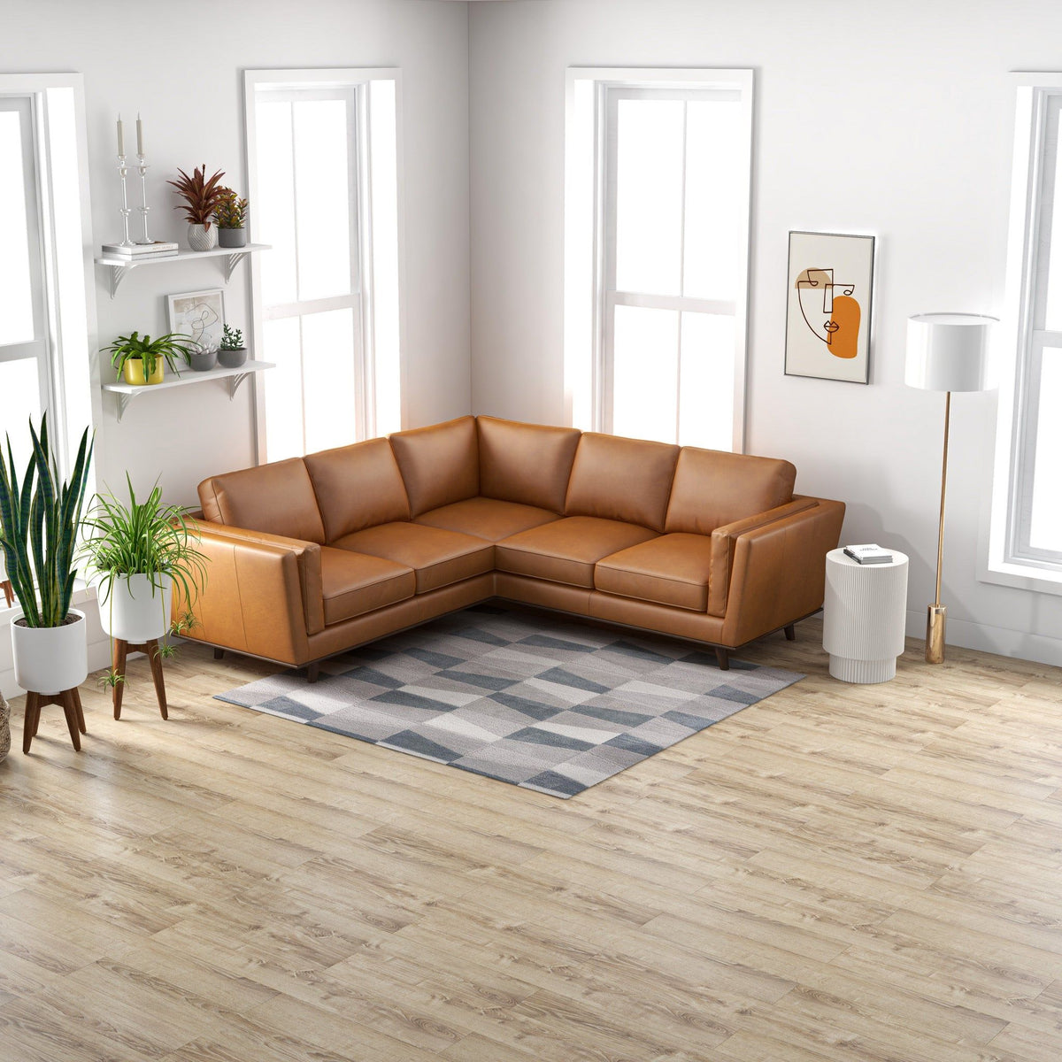 Tan Leather Corner Sectional Sofa with Eucalyptus Wood Frame - Tan