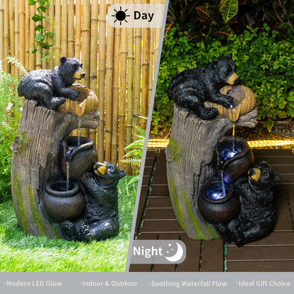 Bear Outdoor Water Fountain with LED Lights - Brown Grey