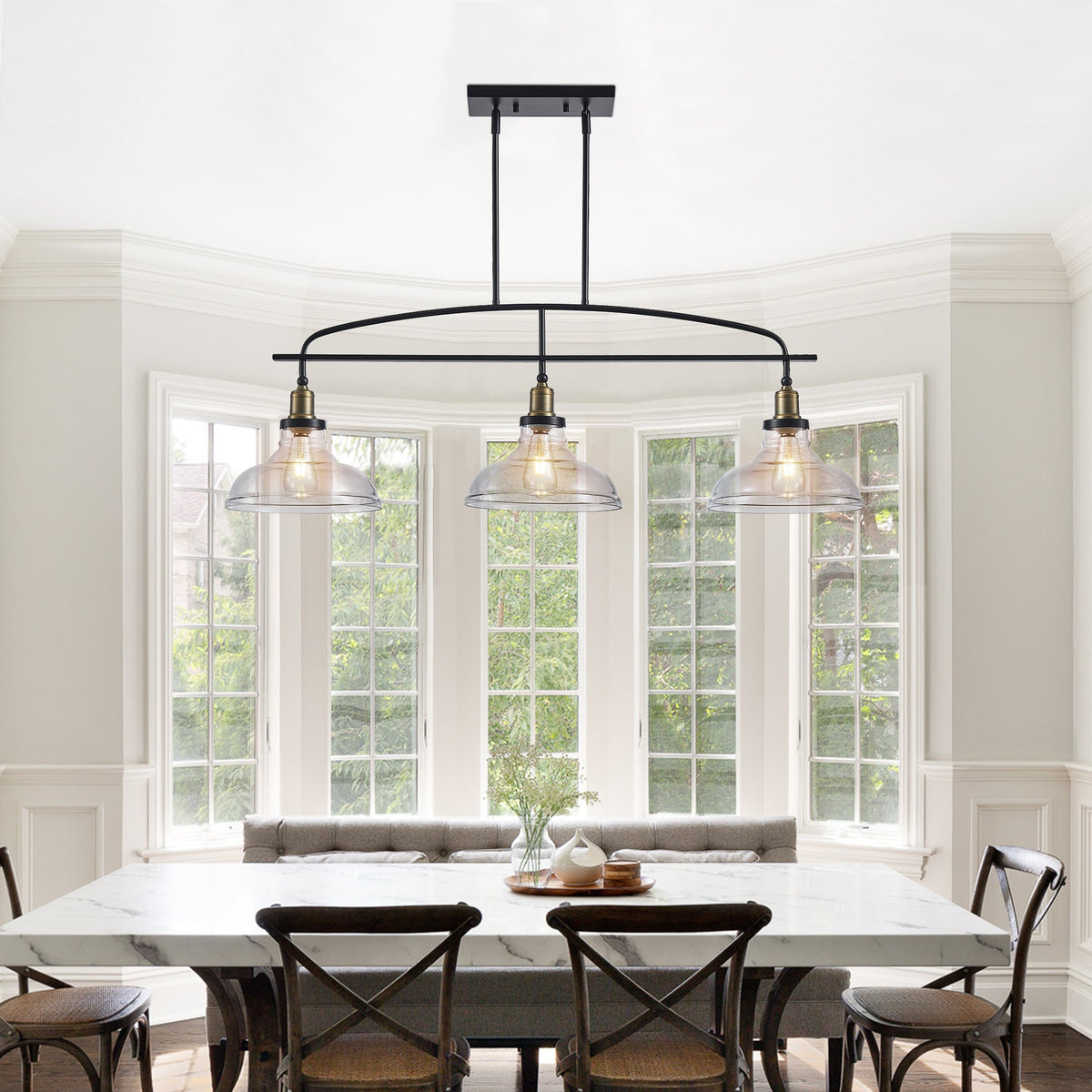 Industrial 3-Light Pendant Chandelier with Clear Glass Shades