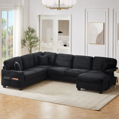 Upholstered U-Shaped Sectional Sofa with Movable Ottoman and Storage Pockets - Multiple Colors
