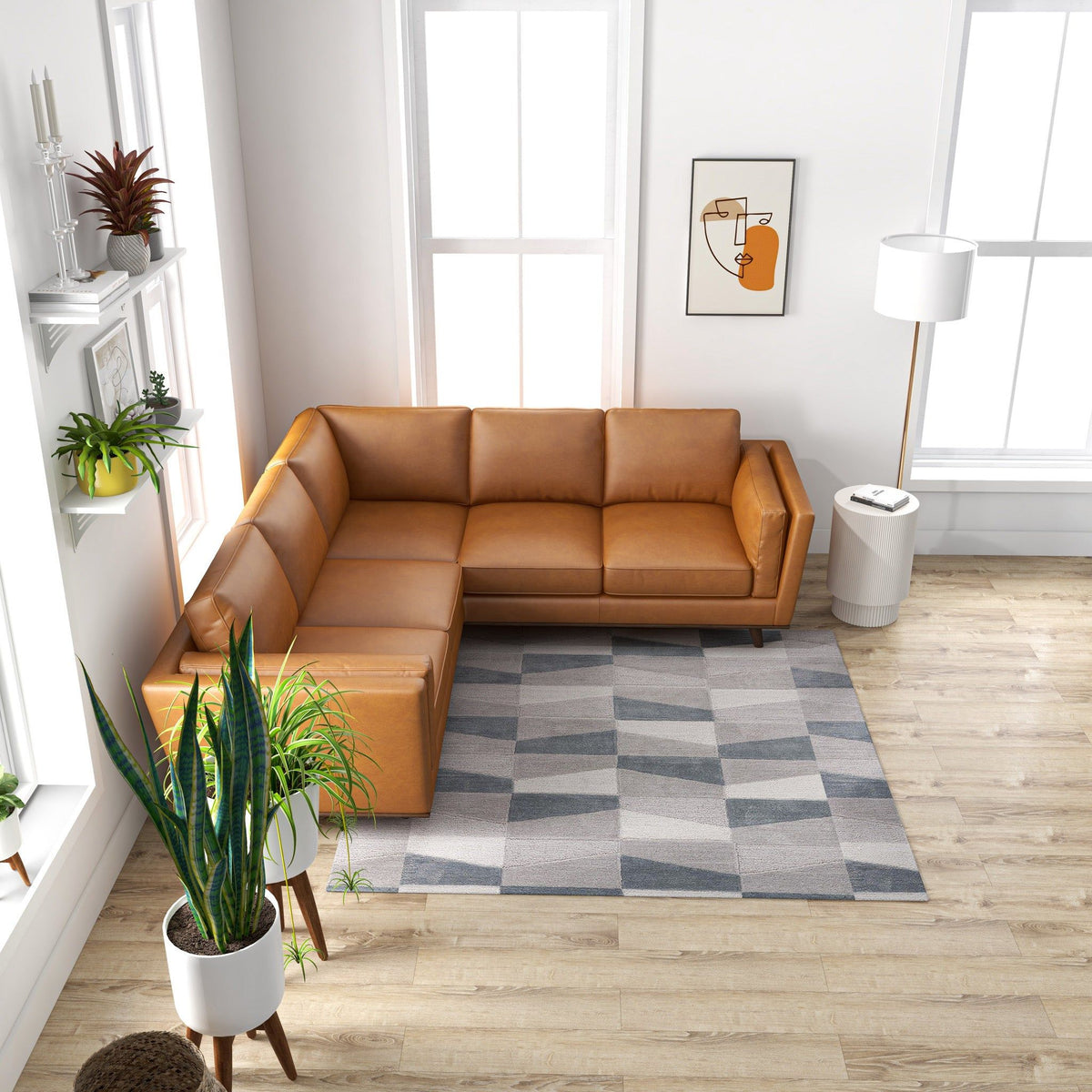 Tan Leather Corner Sectional Sofa with Eucalyptus Wood Frame - Tan