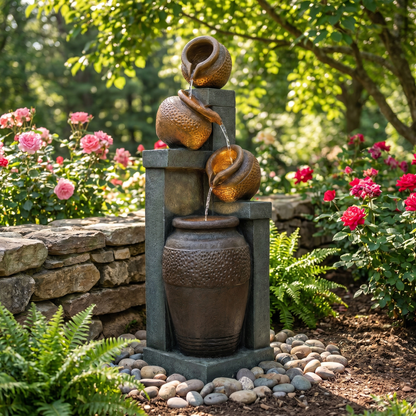 Outdoor 4-Tier Water Fountain with LED Lights - Brown Resin
