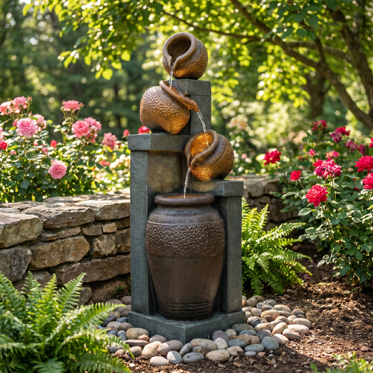 Outdoor 4-Tier Water Fountain with LED Lights - Brown Resin