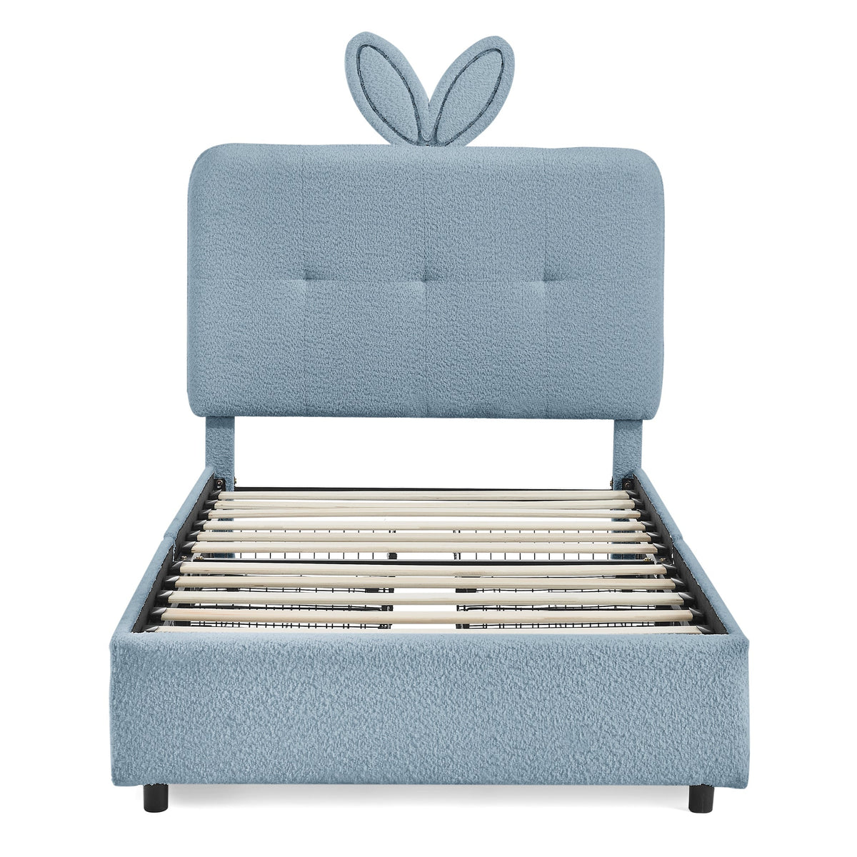 Twin Size Kids Upholstered Bed with Rabbit Ear Headboard & Storage - White Boucle