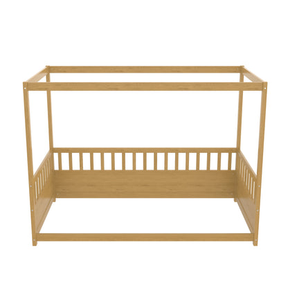 Twin Size Canopy Bed Frame with Guardrails for Kids