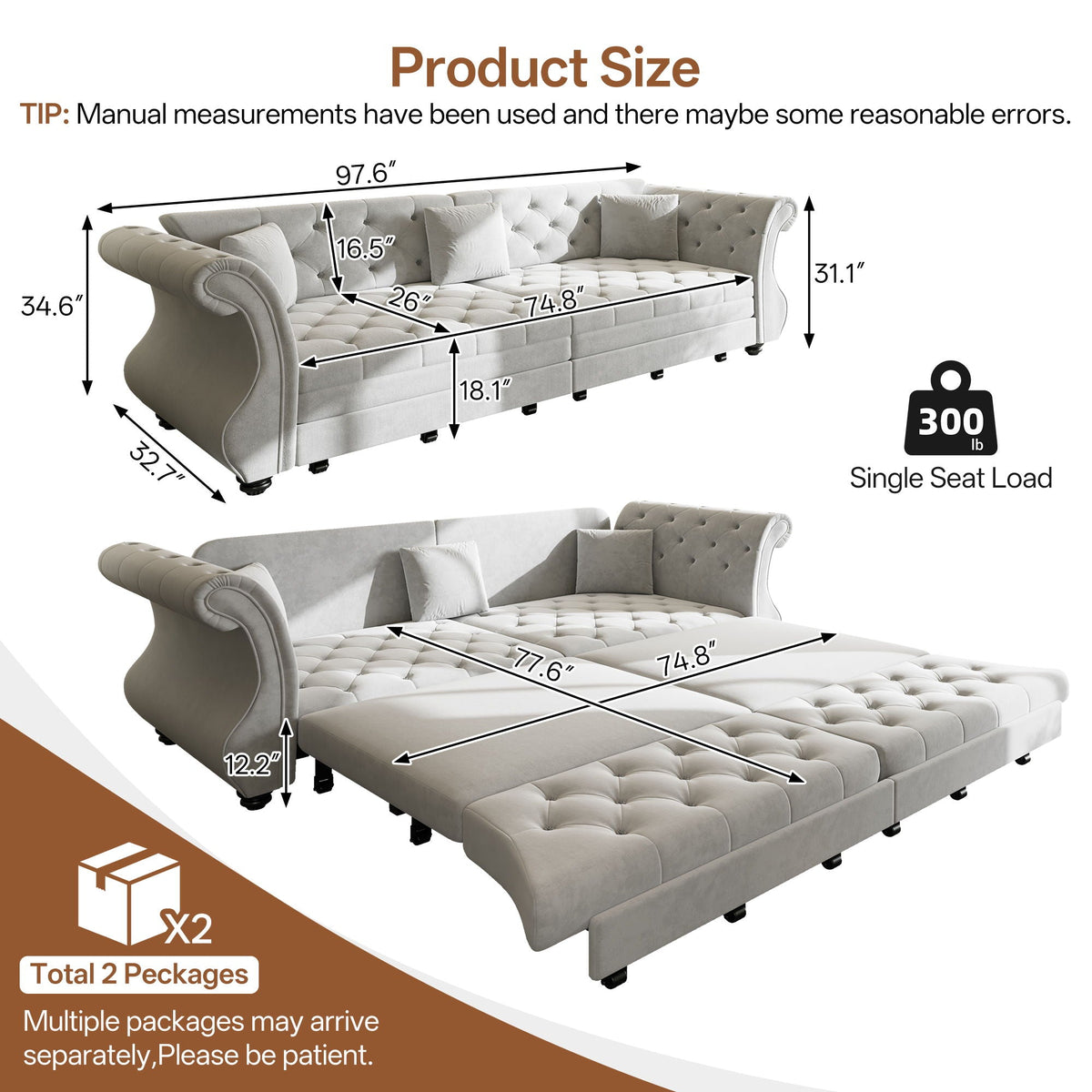 Oversized Chesterfield Pull Out Sofa Bed, Roll Arm Couch