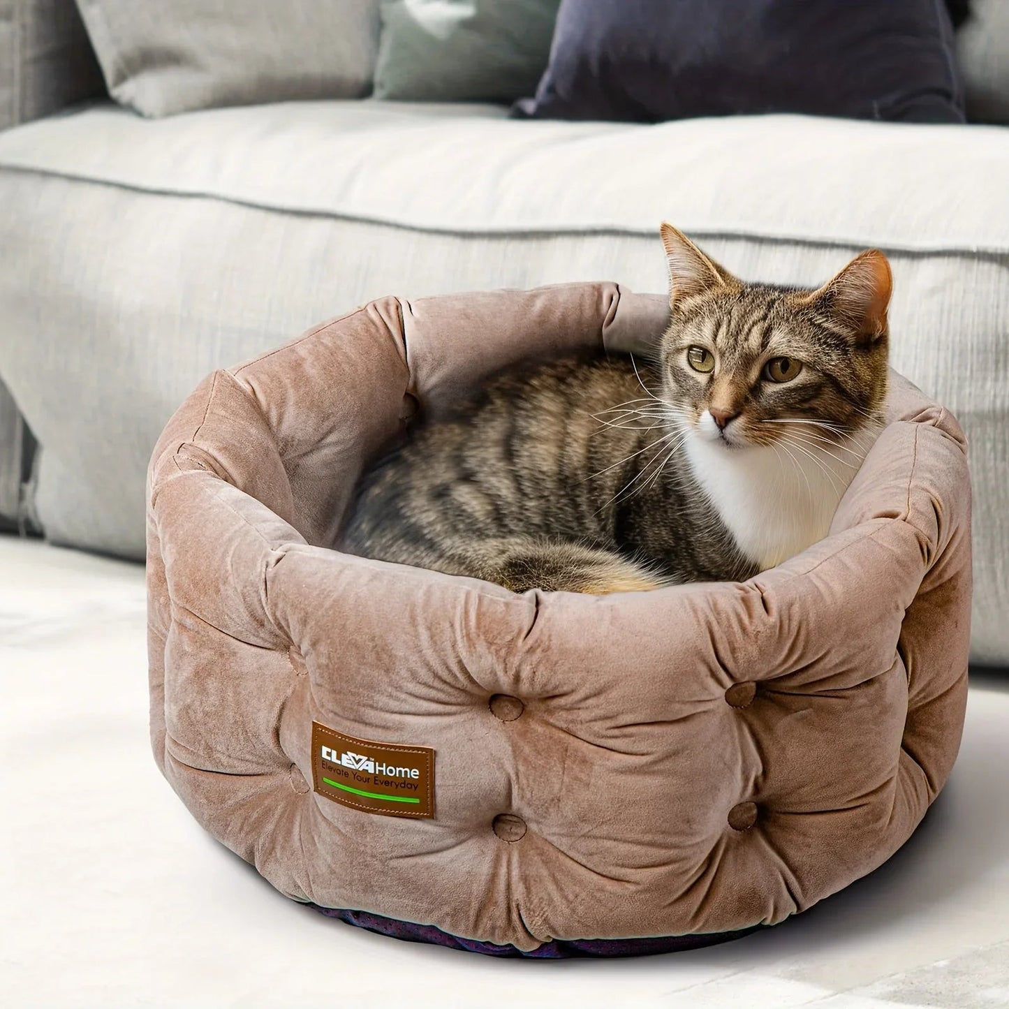 ClevaHome Deep Nest Cat Bed for Small Pets up to 15lbs - Round Cat Beds for Indoor Cats, Luxurious Velvet Feel, Extra High Sides, Machine Washable Comfort Pet Bed with Non-Slip Bottom