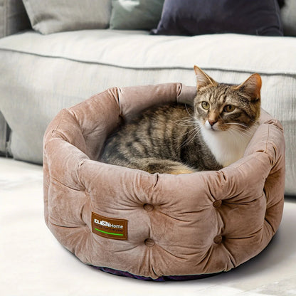 ClevaHome Deep Nest Cat Bed for Small Pets up to 15lbs - Round Cat Beds for Indoor Cats, Luxurious Velvet Feel, Extra High Sides, Machine Washable Comfort Pet Bed with Non-Slip Bottom