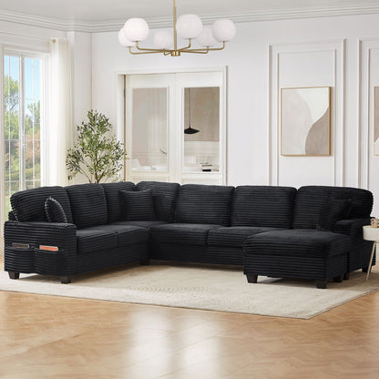 Upholstered U-Shaped Sectional Sofa with Movable Ottoman and Storage Pockets - Multiple Colors