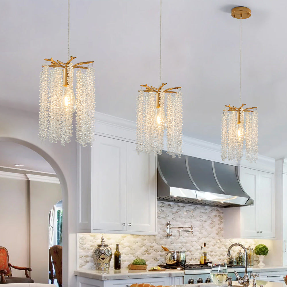 Crystal Pendant Lights Set of 3 | Luxury Waterfall Bead Design, Gold Finish Chandelier for Kitchen Island