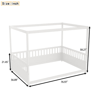 Full Size Canopy Bed Frame with Guardrails for Kids
