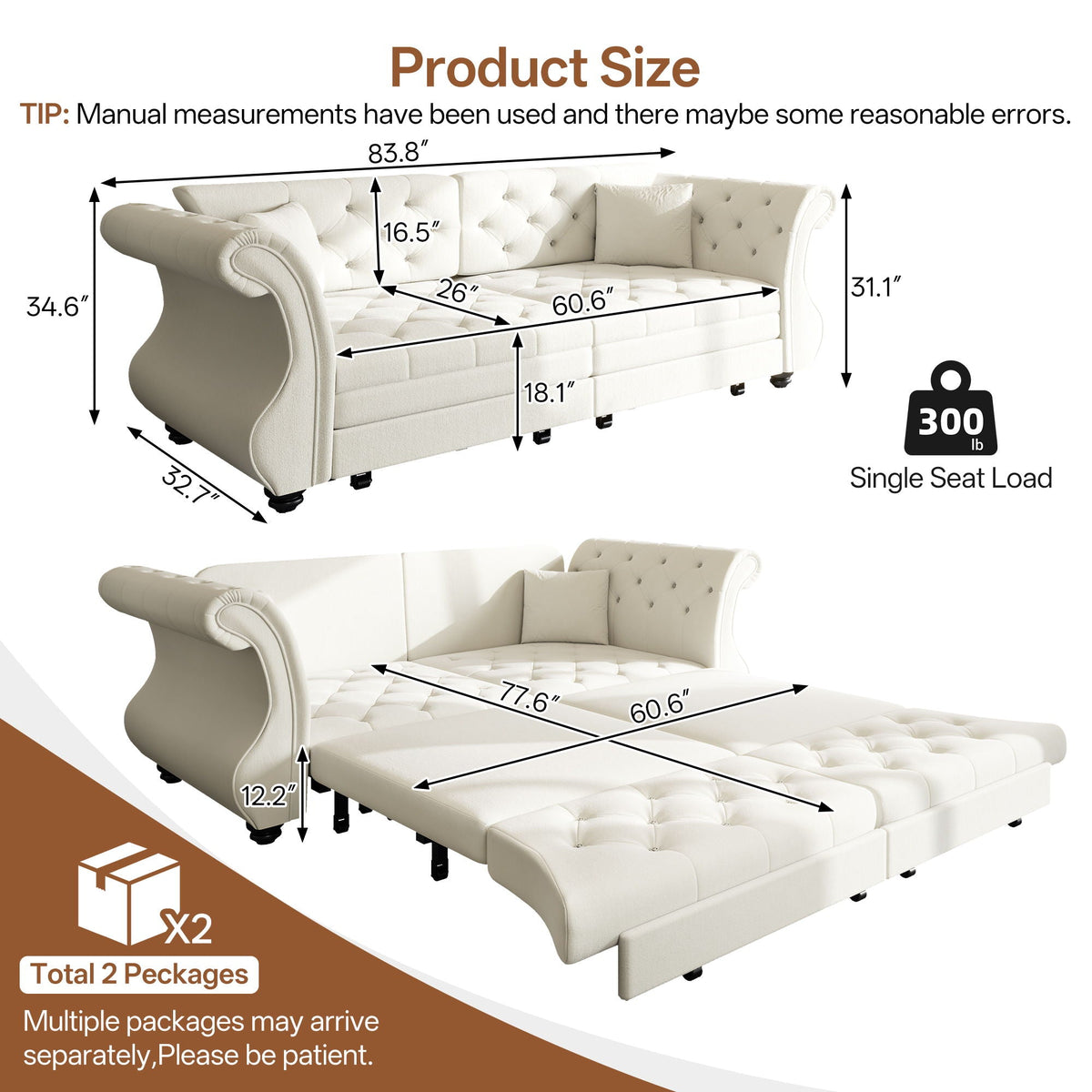 Oversized Chesterfield Pull Out Sofa Bed, Roll Arm Couch