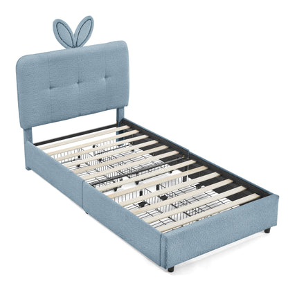Twin Size Kids Upholstered Bed with Rabbit Ear Headboard & Storage - White Boucle