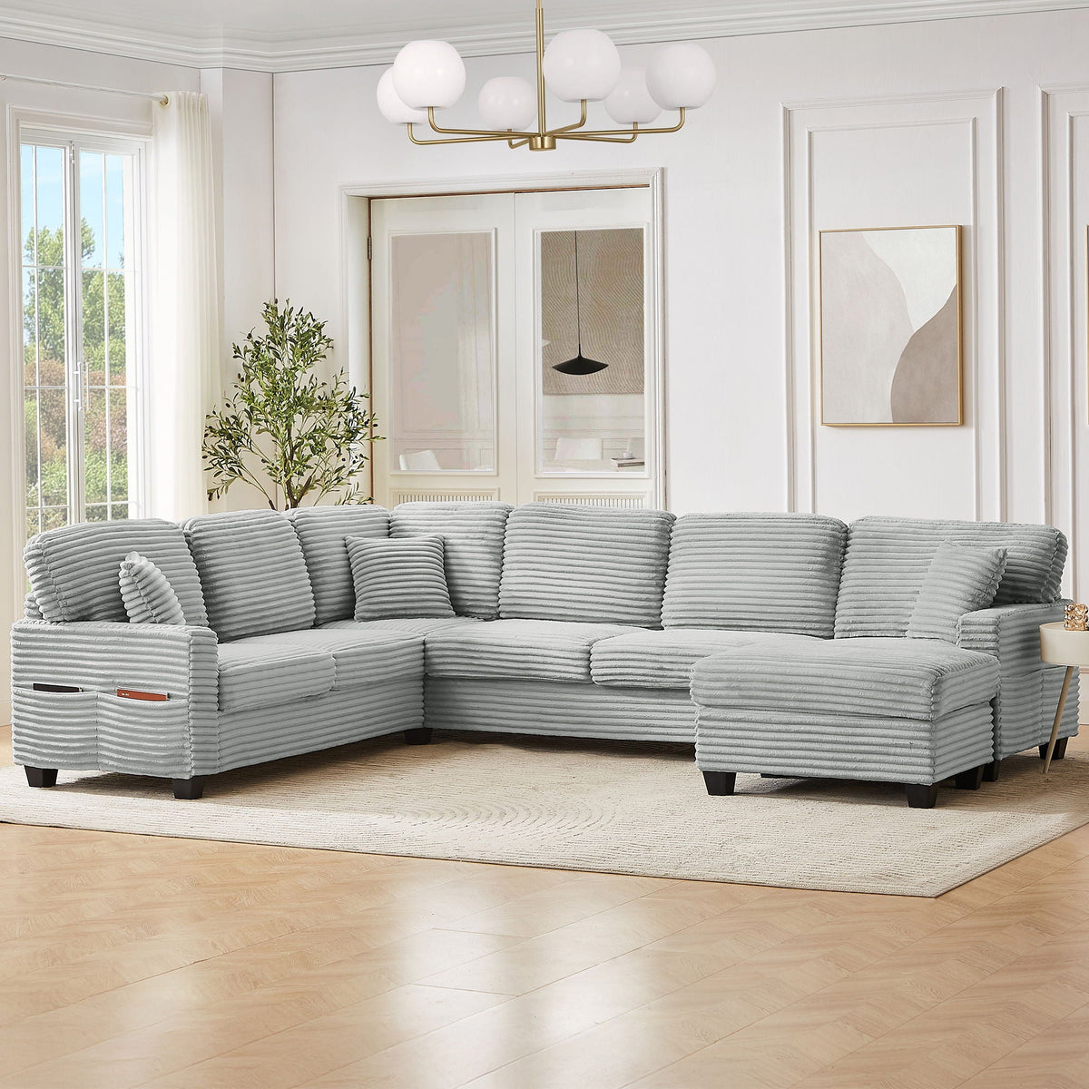 Upholstered U-Shaped Sectional Sofa with Movable Ottoman and Storage Pockets - Multiple Colors
