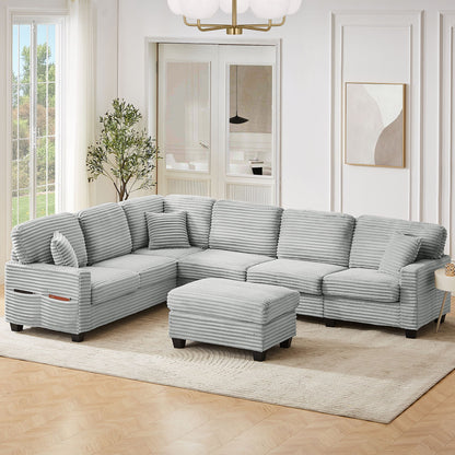 Upholstered U-Shaped Sectional Sofa with Movable Ottoman and Storage Pockets - Multiple Colors