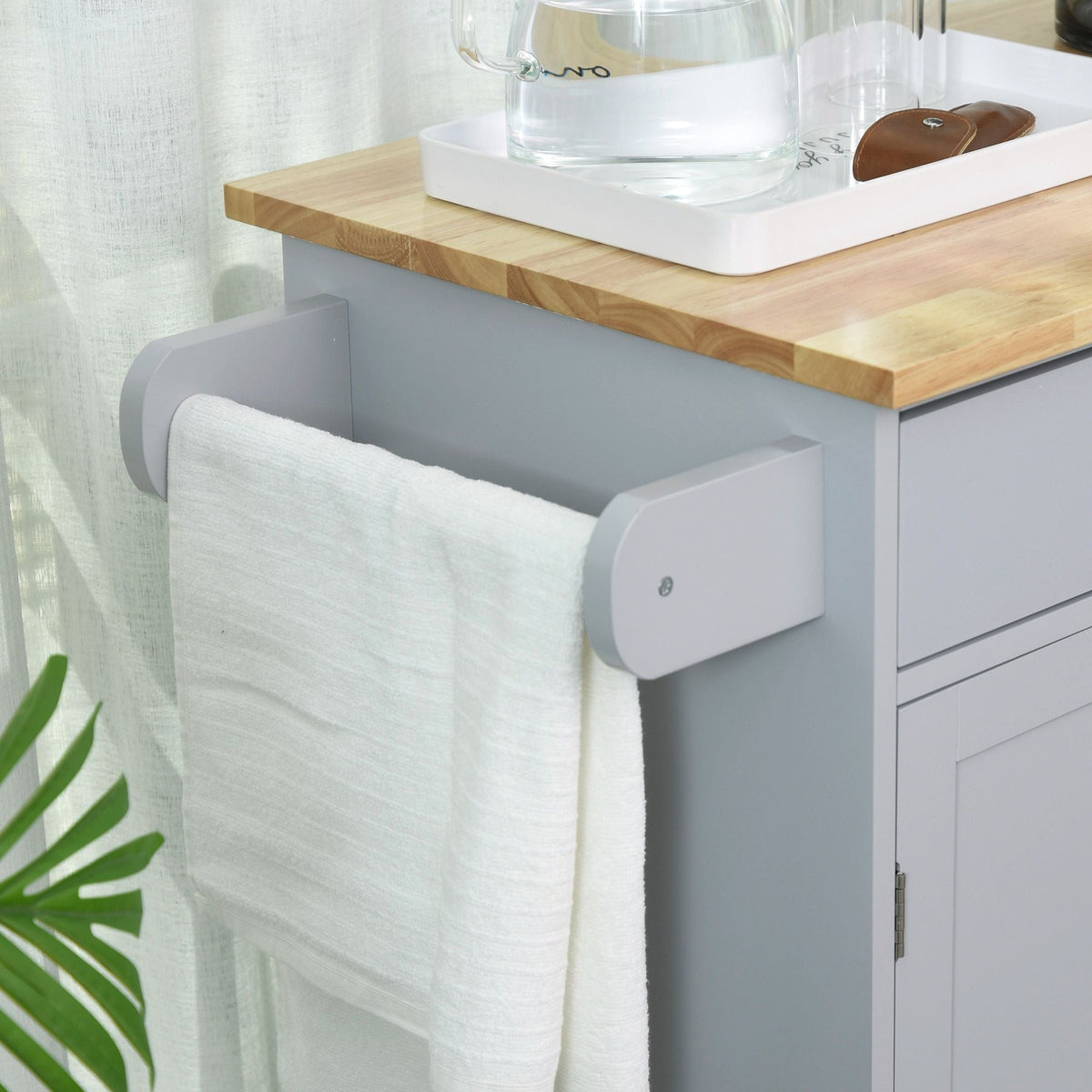Mobile Kitchen Cart, Gray, Rolling Cart Island with Drawer, Cabinet & Towel Rack