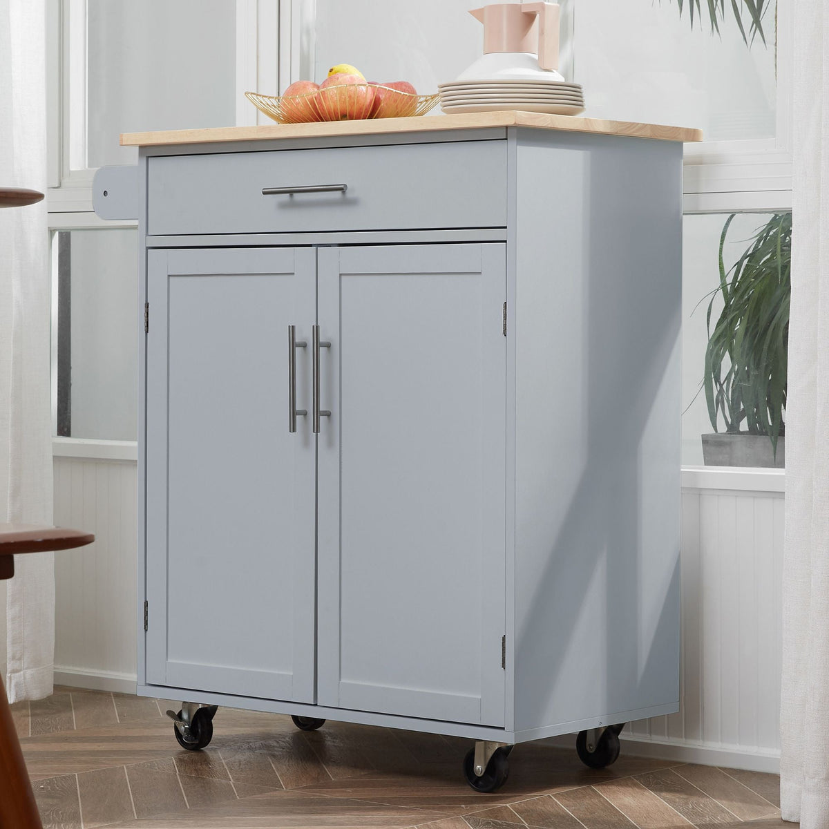 Mobile Kitchen Cart, Gray, Rolling Cart Island with Drawer, Cabinet & Towel Rack