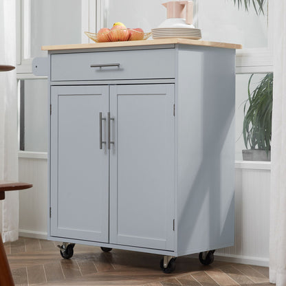 Mobile Kitchen Cart, Gray, Rolling Cart Island with Drawer, Cabinet & Towel Rack