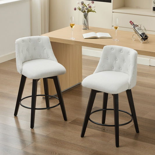 007-Swivel Counter Chairs, Modern Linen Fabric with Button-Tufted Backrest, Stylish Bar Stools, Set of 2 for Bar, Kitchen Island, Dining Room, White