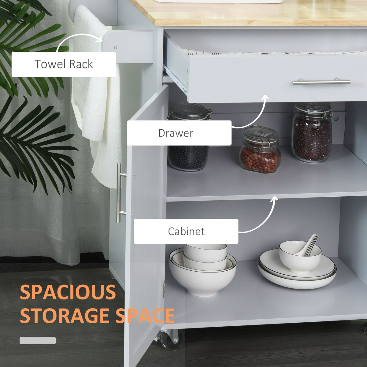 Mobile Kitchen Cart, Gray, Rolling Cart Island with Drawer, Cabinet & Towel Rack