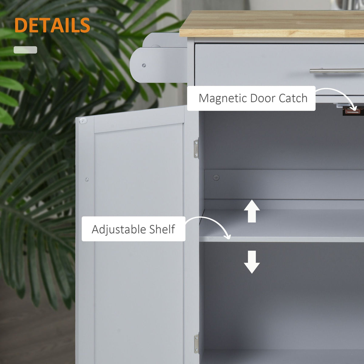 Mobile Kitchen Cart, Gray, Rolling Cart Island with Drawer, Cabinet & Towel Rack