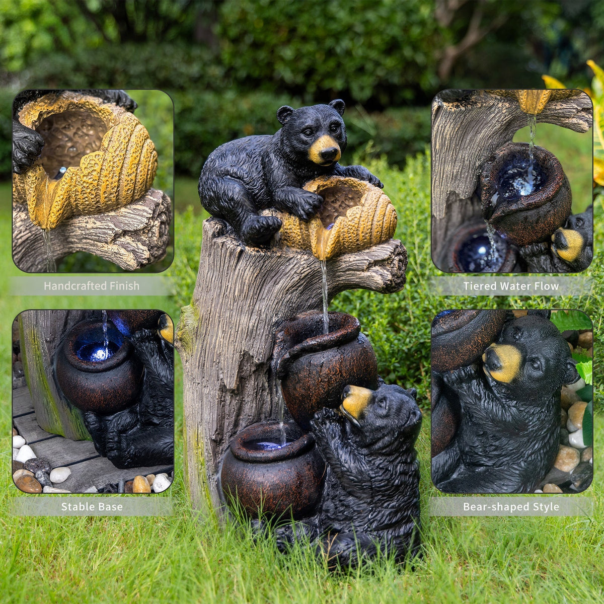 Bear Outdoor Water Fountain with LED Lights - Brown Grey