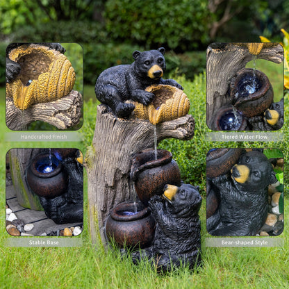 Bear Outdoor Water Fountain with LED Lights - Brown Grey