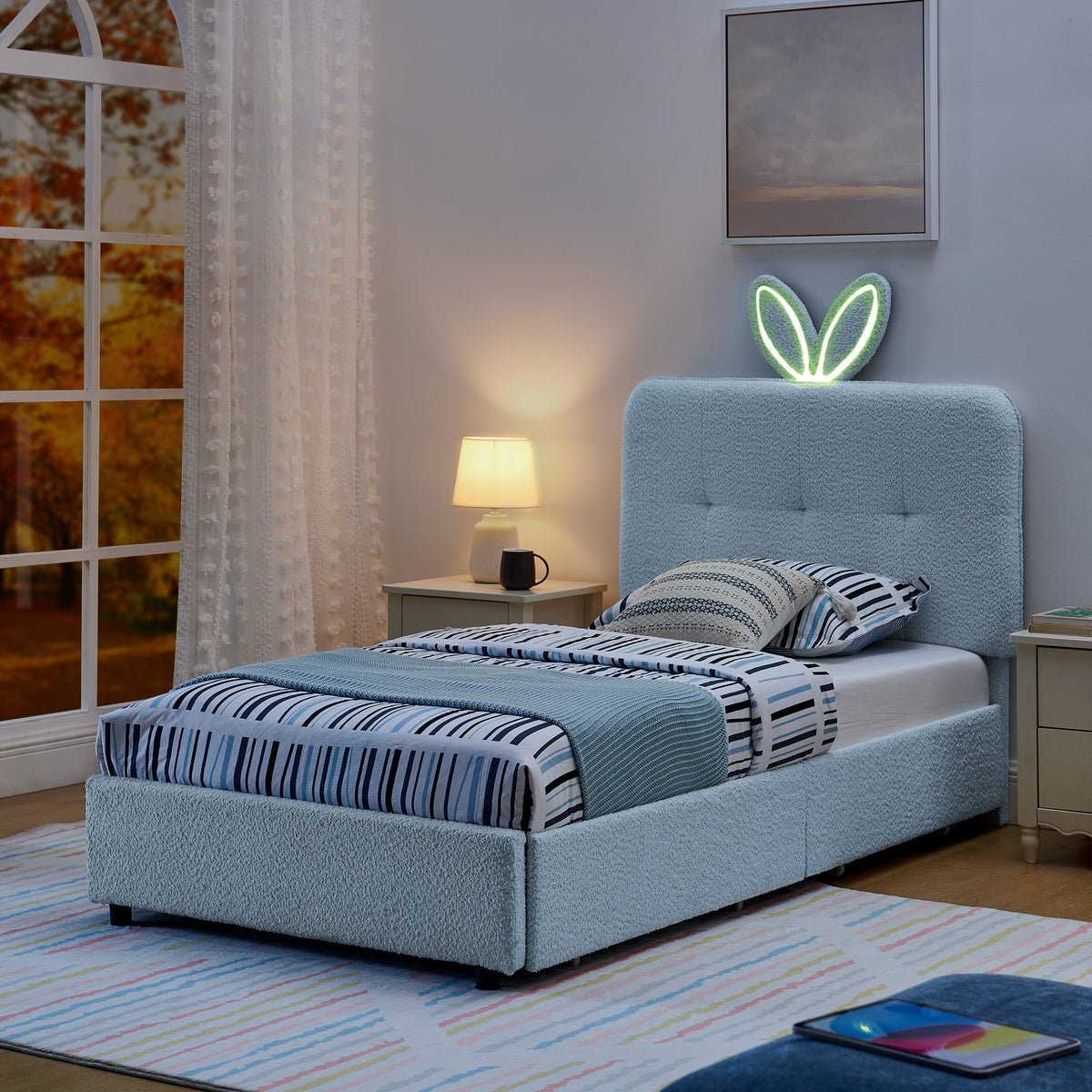 Twin Size Kids Upholstered Bed with Rabbit Ear Headboard & Storage - White Boucle