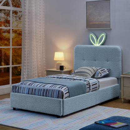Twin Size Kids Upholstered Bed with Rabbit Ear Headboard & Storage - White Boucle