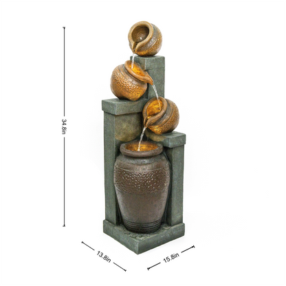 Outdoor 4-Tier Water Fountain with LED Lights - Brown Resin