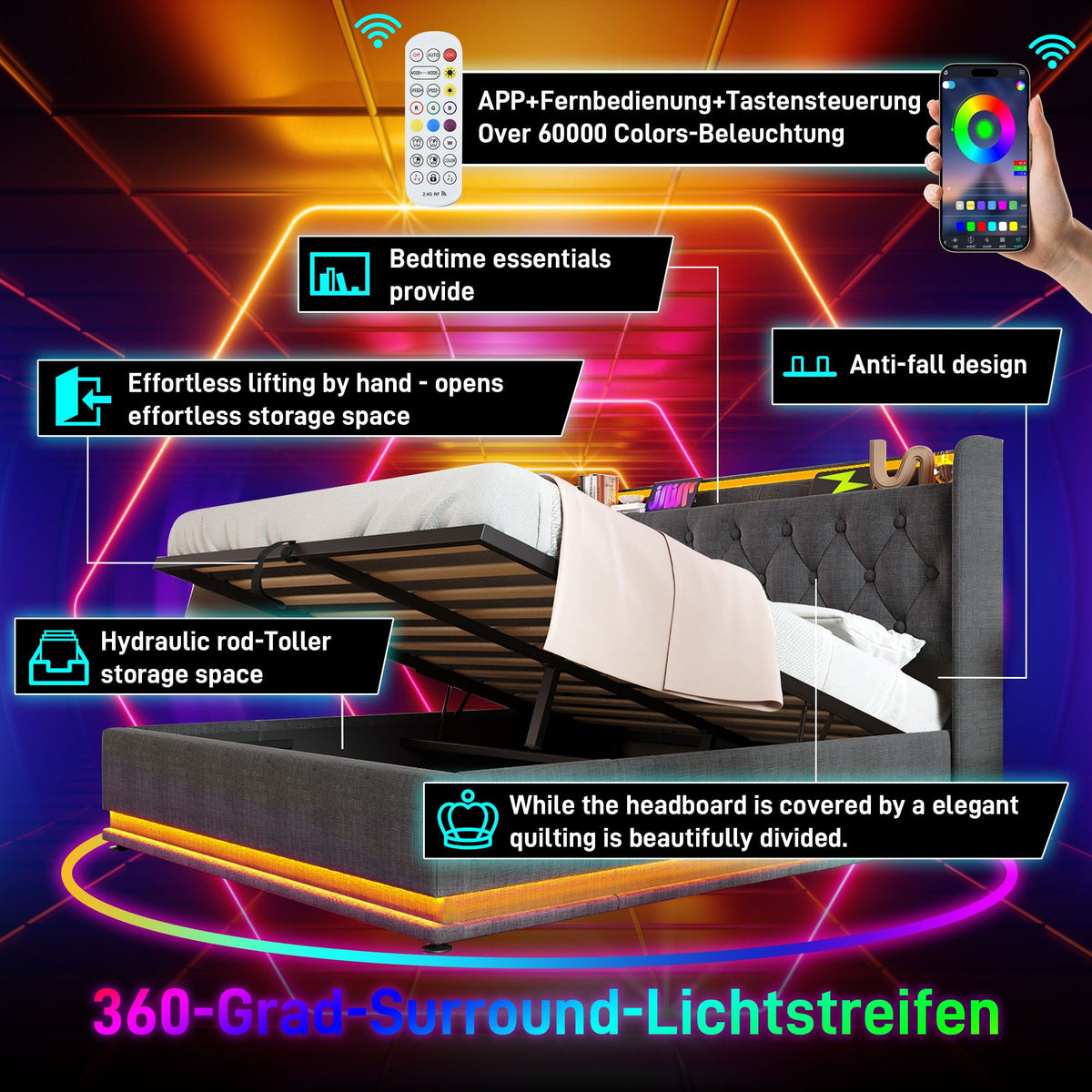 Upholstered Bed, 360 Surround LED Function, Remote Control, Hydraulic Storage Bed With USB, Type-C Charging (Without Mattress)