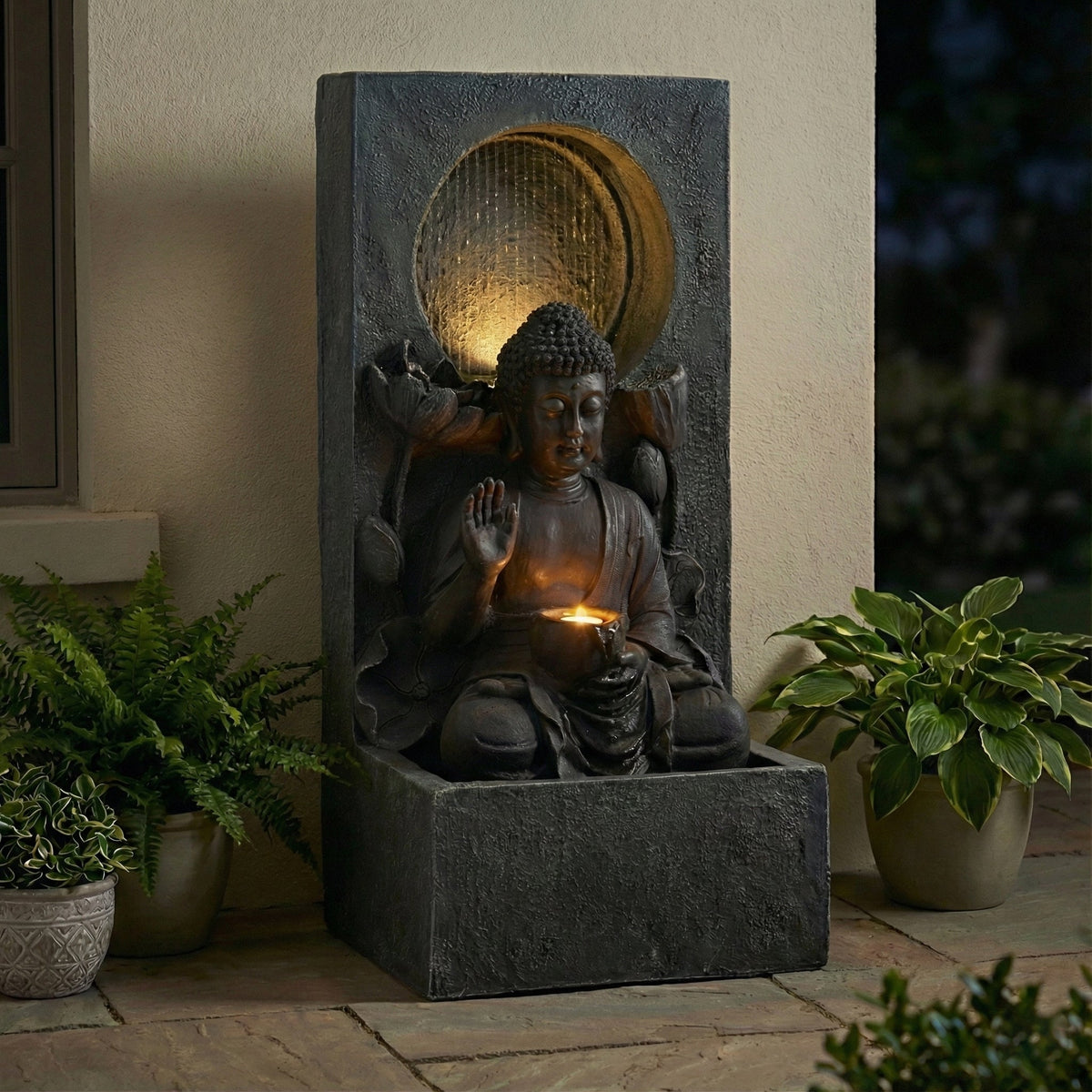 28" H Outdoor Buddha Waterfall Fountain with Serene Water Flow - Resin